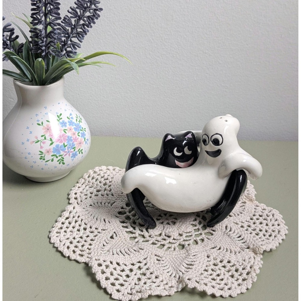 Vintage Halloween Ghost & Bat Salt and Pepper Shakers Set Ceramic
